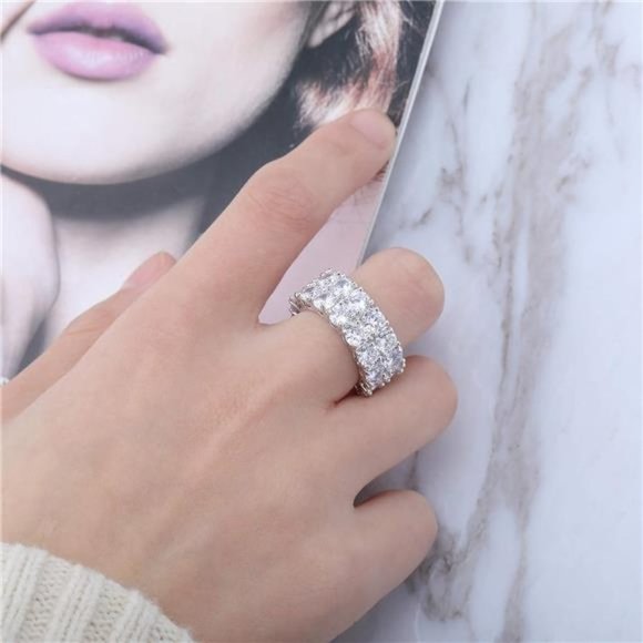 9mm 2Rows Round Cut 14K Silver Plated Iced Out Lab Diamond Bands Ring - Picture 1 of 6